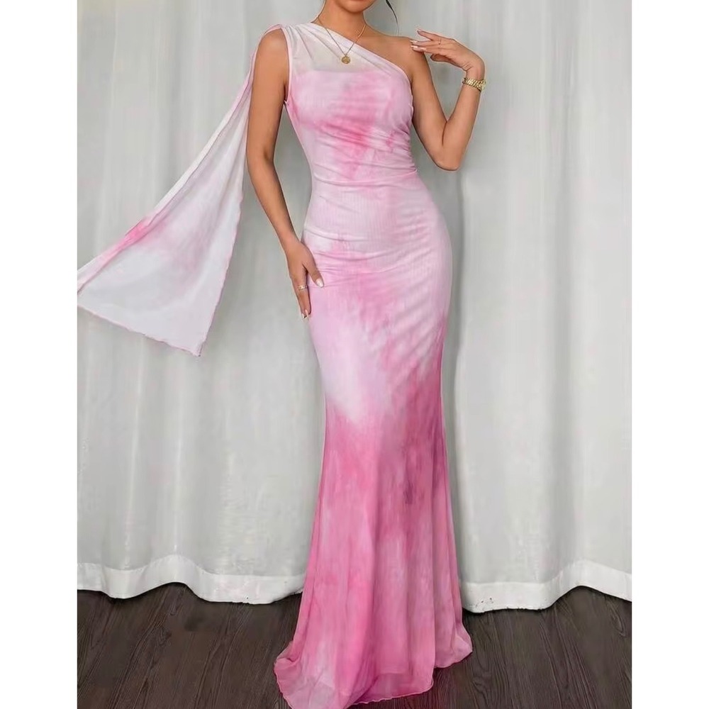 SHEIN Pink Tie Dye One Shoulder Ruched Mesh Maxi Dress XS H2325-2